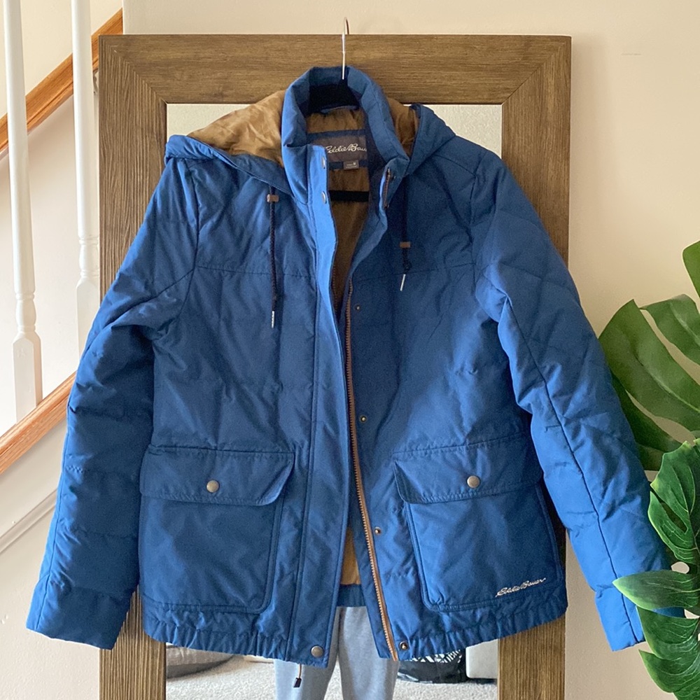 Eddie Bauer Hooded Quilted Down Barn Jacket Navy Blue